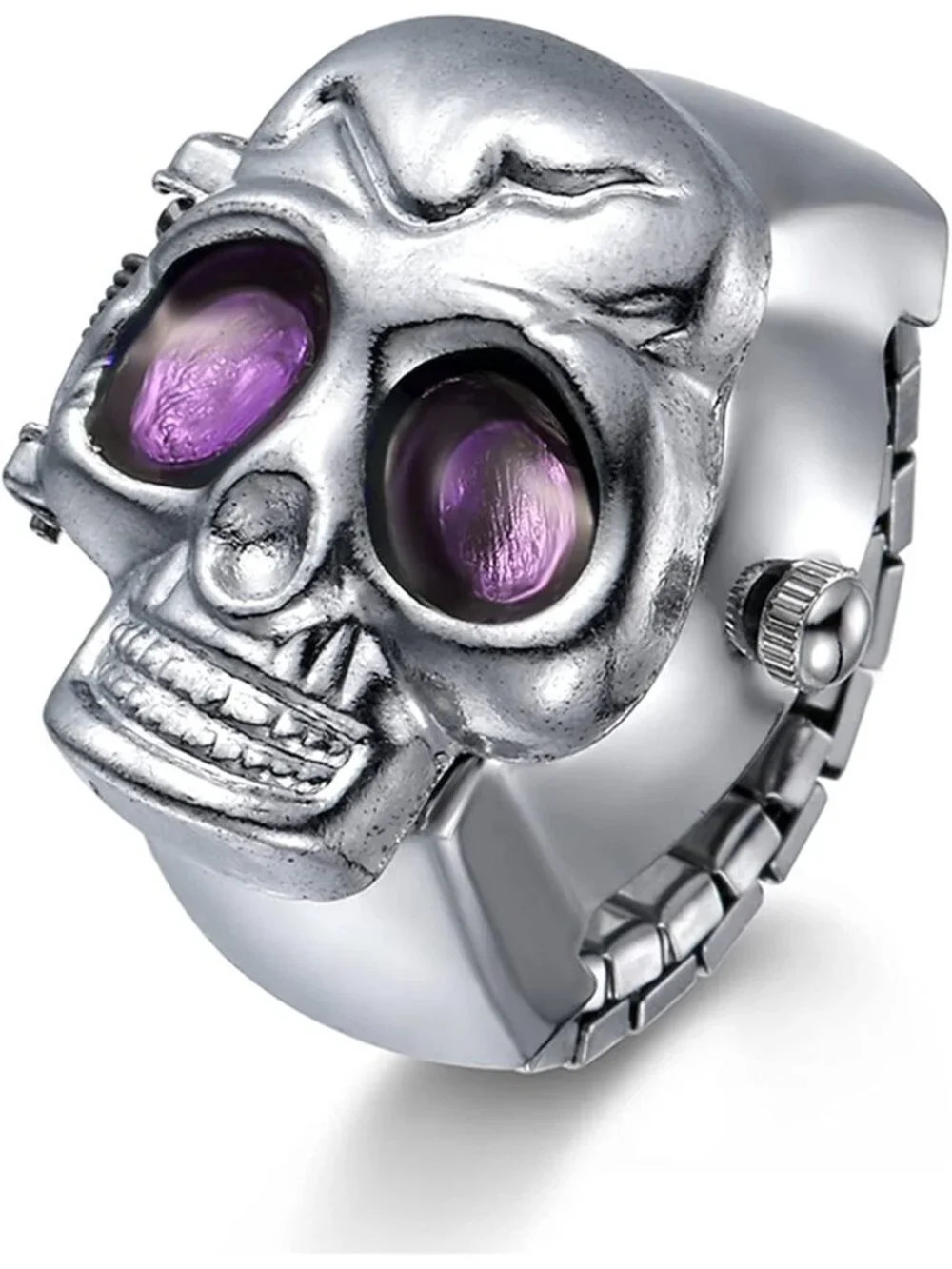 Unisex Silver Purple Analog Punk Skull Flip-Open Adjustable Finger Ring Watch